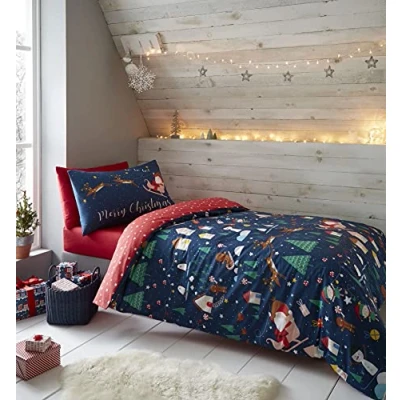 Image of Catherine Lansfield Kids Bedding Santa&#039;s Christmas Wonderland Glow in the Dark King Duvet Cover Set with Pillowcases Navy