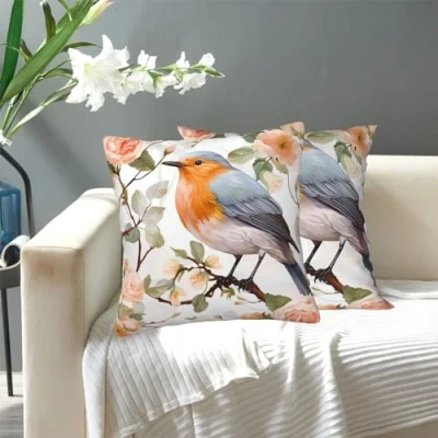 Image of OUSIKA Floral Print Watercolor Robin Bird Throw Pillow Covers Decorative Couch Square Case Car Cushion Farmhouse Pillowcase for Sofa Bed Living Room