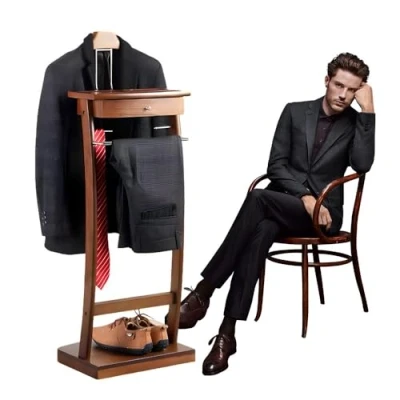 Image of Qcesorib Multifunctional Valet Stand with Trouser Rack and Tie Rack, Solid Wood Suit Stand, Floor Standing Hanger Drawer Tray, for Bathroom Office Bedroom