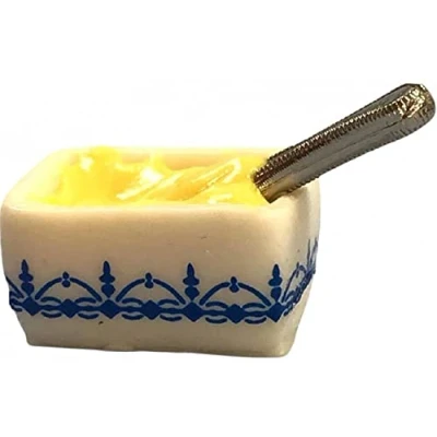 Image of Melody Jane Dolls House Blue &amp; White Butter Dish with Knife Miniature Kitchen Accessory 1:12