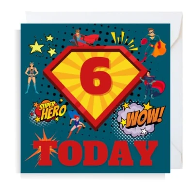 Image of Second Ave Superhero 6th Birthday Age 6 Square Children&#039;s Kids Greeting Card for Boy or Girl