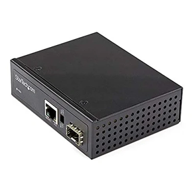 Image of StarTech.com PoE+ Industrial Fiber to Ethernet Media Converter 60W SFP RJ45 Singlemode/Multimode Copper Gigabit Compact Size IP 30/ 40 +75C (IMC1GSFP60W)