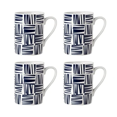 Image of Sabichi Brooklyn Navy Blue Mugs Set of 4 350ml Coffee Microwave &amp; Dishwasher Safe Mug Durable Modern Design Home Office Use Porcelain and White Geometric Print