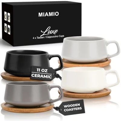 Image of MIAMIO 320 ml, Set of 4 Ceramic Tea Cup and Saucer Bamboo/Tea Mug Wide Cappuccino Cup, Coffee Cups for Cappuccino, Latte, Espresso &amp; Americano Luxe Collection (Classic Pastel)