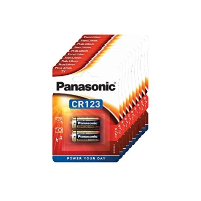 Image of Panasonic CR123 cylindrical lithium battery for high power consuming lightweight appliances such as smoke alarms, intruder alarm systems, head lamps, cameras, 3V, 10 packs (20 batteries)