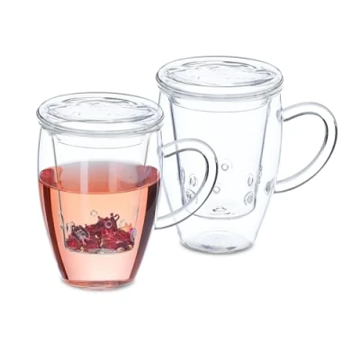 Image of Relaxdays Tea Mug, Set of 2, with Infuser, Lid &amp; Handle, 450 ml Capacity, Borosilicate Glass, Teacup, Transparent
