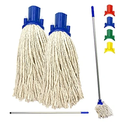 Image of Colour Coded Floor Mop Set 120cm Long Aluminium Handle and Pack of 2 String Heads Replacement for Domestic Commercial Cleaning (Blue)
