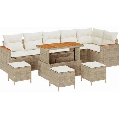 Image of vidaXL 10 Piece Garden Sofa Set with Cushions Beige Poly Rattan Acacia