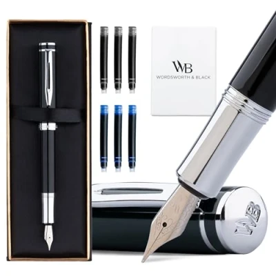 Image of Wordsworth and Black Fountain Pen Mini EDC: Luxury Heavy Pocket Pen, Chrome Finish, Medium Nib, 6 Ink Cartridges, Converter, Travel Refillable Writing Gift Set, Men &amp; Women