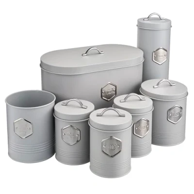 Image of Cooks Professional 7 Piece Storage Canister Set Labelled Containers for Bread Biscuits Pasta Utensils Tea Coffee Sugar Canisters Sets Kitchen Accessories &amp; Essentials Grey Silver