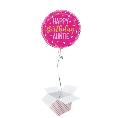 Image of Happy Birthday Auntie Round Foil Helium Balloon Inflated in a Box