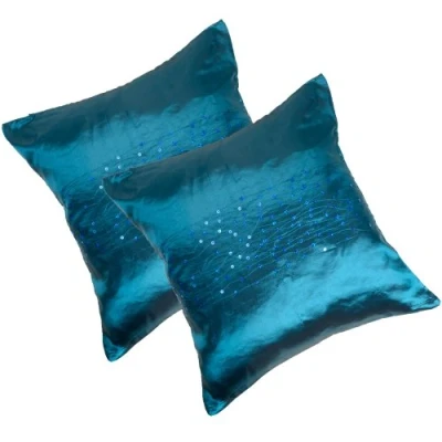 Image of Pack of 2 Teal Embroidered Sequin Satin Taffeta Cushion Covers 43cm x