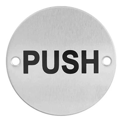 Image of V Safety Fire door &#039;PUSH&#039; Sign, Stainless Steel, 76mm, Sign with fixings