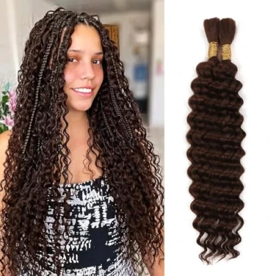 Image of Human Hair Braiding for Knotless Braids 14 Inch Boho Extensions 100g Wet And Wavy Curly Deep Wave Bulk (4#, Inch(50g/Bundle x2))