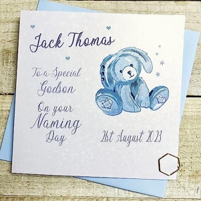Image of WHITE COTTON CARDS GODSON PERSONALISED NAMING DAY CARD, BLUE BUNNY DESIGN, HAND FINISHED (X) P23 41 GODS