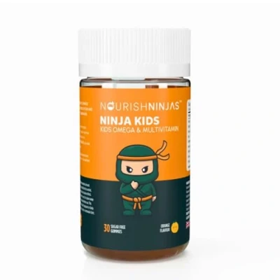 Image of Nourish Ninjas Kids Orange Flavour Chewable Omega &amp; Multivitamin Gummies. Sugar Free with Essential A,B,C,D and E Vitamins. Month Supply