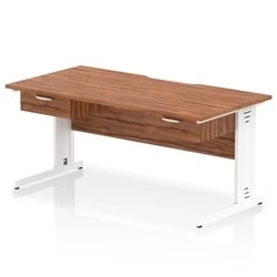 Image of Impulse 1600 x 800mm Scalloped Edge Office Desk Walnut Top White Cable Managed Leg Workstation 2 1 Drawer Fixed Pedestal