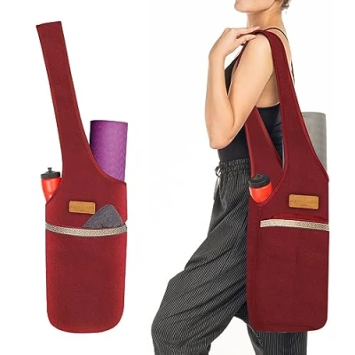 Image of ALLEN &amp; MATE Unisex Yoga Exercise Mat Bag with Large Size Pocket, Big Capacity Tote Shoulder Carrier for Men Women (Maroon)