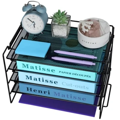 Image of TSDRBWO 4 Tier Letter Tray Organiser for Desk Tidy, Metal Mesh Magazine File Organiser, Office Files Storage, Wire Paper School Home