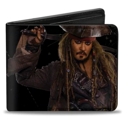 Image of C.P.M. Men&#039;s Jack Sparrow Vivid Sword Pose + Pirates Logo/Skull Bi Fold Wallet, Multicolor, Default Size