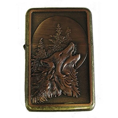 Image of Lucy G WOLF DESIGN 1 PETROL LIGHTER IN GIFT TIN (ANTIQUE BRASS)