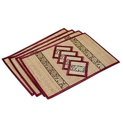 Image of Hand Woven Wicker Reed Placemats Coaster Set Eco Friendly Alternative to Plastic Heat Resistant Thai Style Durable Easy Clean for Dining Table of 4 (Large Burgundy (Small Trim))