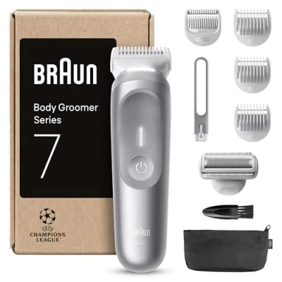 Image of Braun Body Groomer Series 7, +8 Grooming Tools, with Smartlight &amp; SkinGuard, 100 Min Runtime, Gentle On Sensitive Areas, Trim Shave SmoothShave SensitiveTrim, Waterproof, BG7555, Grey
