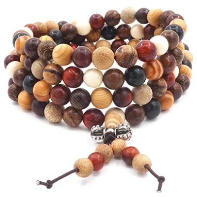 Image of Thajaling 108 Natural Wood Beads Bracelet/Necklace Chain Rosary Multicolor Tibetan Buddhist Buddha Mala Chinese Knot Elastic Bracelet for Man Woman