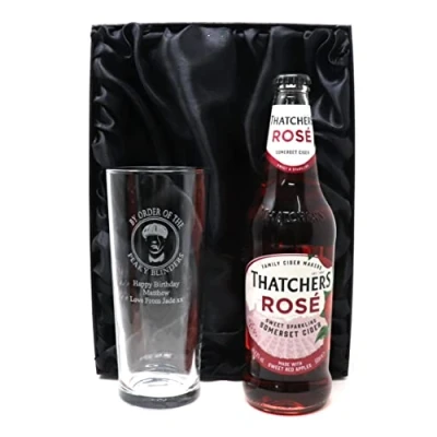Image of Personalised Engraved Pint Glass &amp; Cider Gift Set Peaky Blinders Design (Thatchers Rose Somerset Cider, Silk Lined Box)
