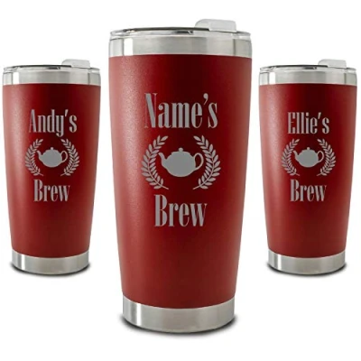 Image of Personalised Engraved 500ml Red Travel Cup with Name&#039;s Brew Design, Personalise Any Name