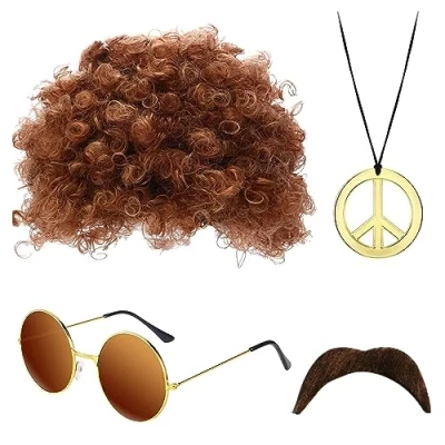 Image of SKHAOVS 4 Pcs Hippie Costume Set, Disco 70s/ 80s Hippy Fancy Dress Accessories, Funky Afro Wig, Sunglasses, Necklace Fake Mustache for Mens Kids (4 Pcs)