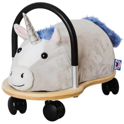 Image of Wheelybug Toddler Wooden Ride On Animal with Interchangeable Plush Cover, Safety Certified Developmental Toy, Small (1 3 Years), Unicorn