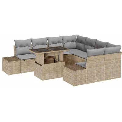 Image of vidaXL 9 Piece Garden Sofa Set with Cushions Beige Poly Rattan