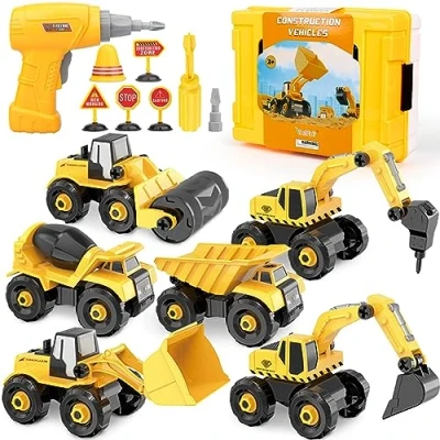 Image of Vanplay 6 in 1 Take Apart Construction Vehicles include Toy Drill &amp; Box, Digger Excavators Truck Building STEM Learning Gift, Electric Set for Boys Girls 3 4 5 years old