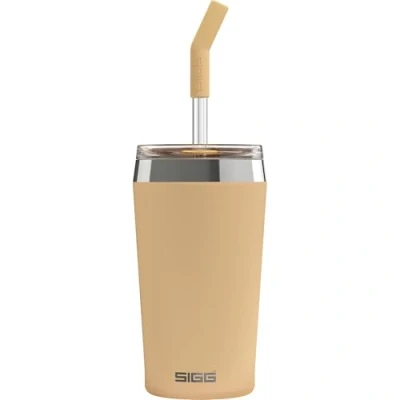 Image of SIGG Insulated Coffee Cup Travel Mug Helia Night Ink With Durable Glass Straw &amp; Cleaning Brush Leakproof BPA Free 18/8 Stainless Steel Orange 0.45L