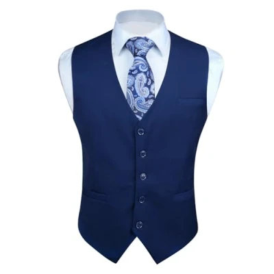 Image of Enlision Men&#039;s Formal Party Wedding Cotton Waistcoat Solid Color Vest, Navy Blue 1, 2XL(Chest 50)