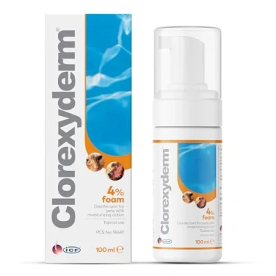 Image of Clorexyderm 4% Foam Mousse Dry Shampoo for Dogs &amp; Cats Antibacterial Antifungal Itchy Skin Relief Moisturises, Soothes Softens Coat Easy Alternative to Wet Bathing 100 ml