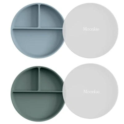 Image of Moonkie Suction Plates for Babies &amp; Toddlers BPA Free Weaning Plate with Lid Silicone Divided Microwave and Dishwasher Safe 2 Pack (Ether/Sage)
