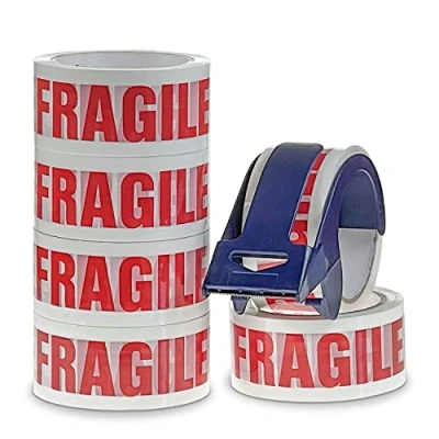 Image of Fragile Tape &amp; Dispenser 6 Rolls 48mm x 50m Packing For Boxes Strong Parcel Moving with &#039;Fragile&#039; Print Easily Seals Parcels