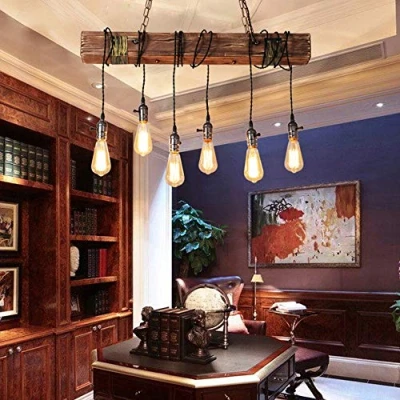 Image of Pendant Light Fixture Retro Vintage Chandelier Industrial Wood Ceiling Lamp Hanging Fixtures E27 Living Room Bedroom Kitchen Bar Restaurant, 6 Heads