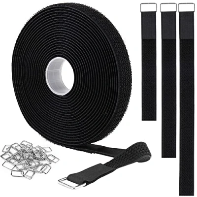 Image of YMCRLUX 2cm x5m Hook and Loop Straps with 25 Metal Buckles,Cut to Length Reusable Cable Ties,Adjustable Fastening Straps,Nylon Securing Cinch Strap,2cm Wide, Black