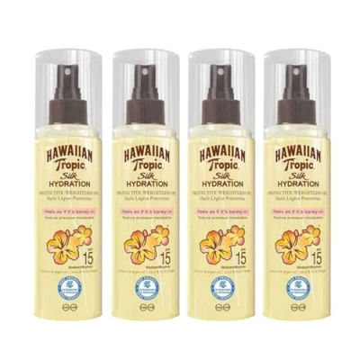 Image of Hawa Iian Tropic Silk Hydration, Dry Oil Mist Spray, Protective Weightless Oil, Lightweight Sunscreen, Non Greasy, UVA &amp; UVB Protection, SPF 15, 150ml (4PCS)