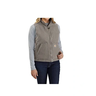Image of Carhartt Women&#039;s Relaxed Fit Washed Duck Sherpa Lined Mock Neck Vest, Taupe Grey, L