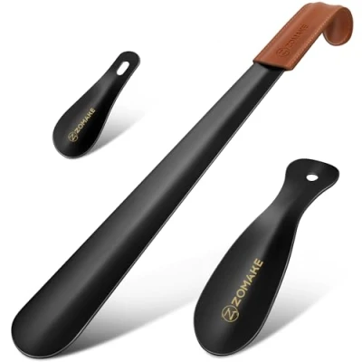 Image of ZOMAKE Metal Shoe Horn 3Pcs 16.5 in Shoehorn Long Handled Lazy Helper with Leather Handle,Extra Horns for Men Women the Elderly,7.5&amp;3.94 Shoehorns Hook (16.5&amp;7.5&amp;3.94in)