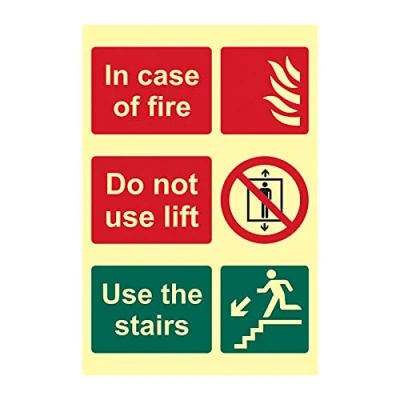 Image of In Case Of Fire Do Not Use Lift The Stairs Safety Sign, Glow Dark, Flexible Photoluminescent Vinyl, 200mm x 300mm