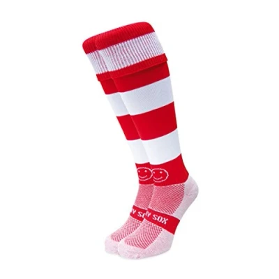 Image of WackySox Red and White Hoop Rugby Socks, Sports Socks for Men Women, Mens Work Perfect Riding, Football, Running, Hockey other Activities