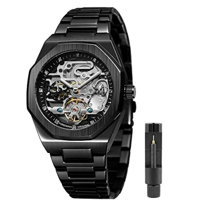 Image of Fashion Black Stainless Steel Automatic Mechanical Watch Luxury Diamond Tourbillon Skeleton Watches for Men (FOR8202
