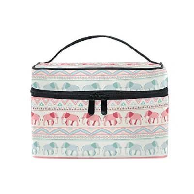 Image of Makeup Bag, Elephant Boho Print Cosmetic Toiletry Storage Large Travel Handle Personalised Pouch with Compartments for Teenage Girl Women Lady White Black