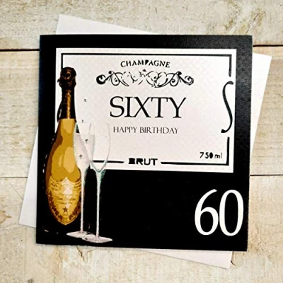Image of white cotton cards BA60 &quot;Champagne Sixty Happy Birthday&quot; Handmade 60Th Birthday Card