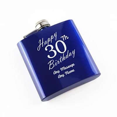 Image of Personalised Engraved 6oz Blue Painted Stainless Steel Pocket Hip Flask, Happy 30th Birthday Design, Gift for Him, Grandad, Gift, Laser in The UK